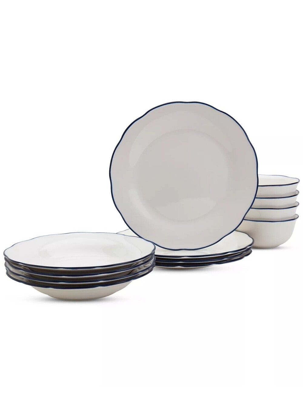 90$ Haven Blue Rim Scalloped 12 Pc Dinnerware Set Service for 4 Blue White